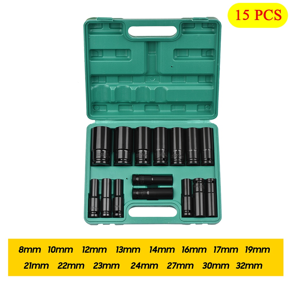 Impact Socket Set 10/15Pcs 1/2 Inch 8-24MM Extension Impact Socket Panjang Mencapai Soket Nut Perbaikan Alat