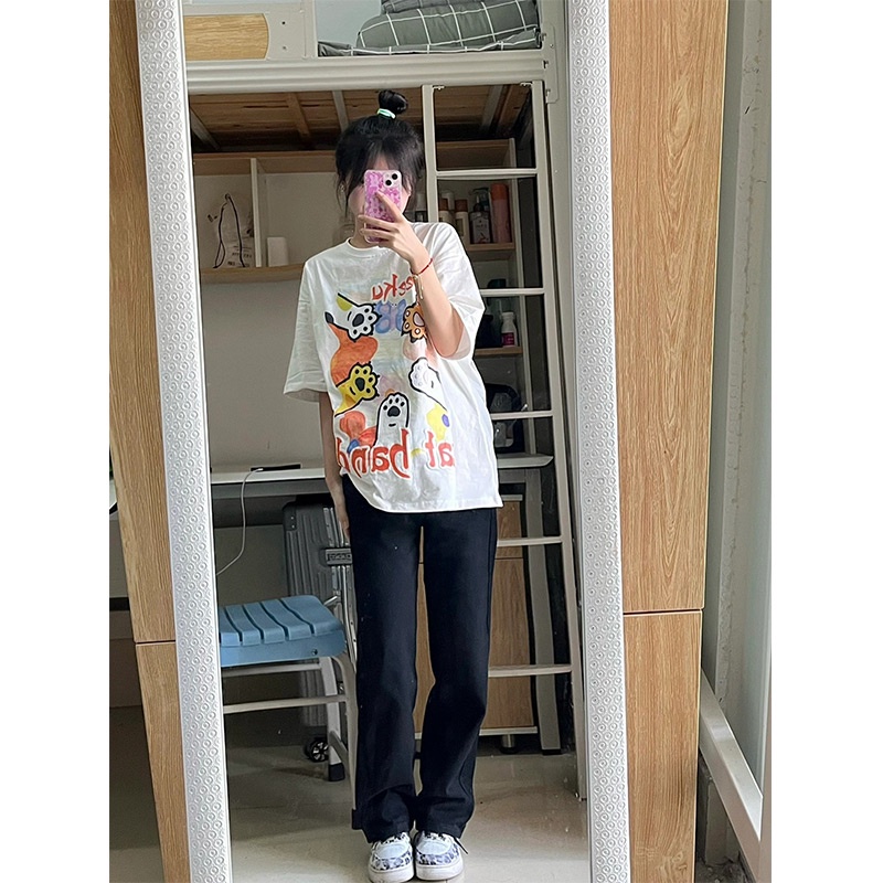 EUNII T-shirt Lengan Pendek imut cakar kucing Pencetakan Longgar Korean Style/Kaos Atasan Wanita/Baju Kaus Oversize Wanita