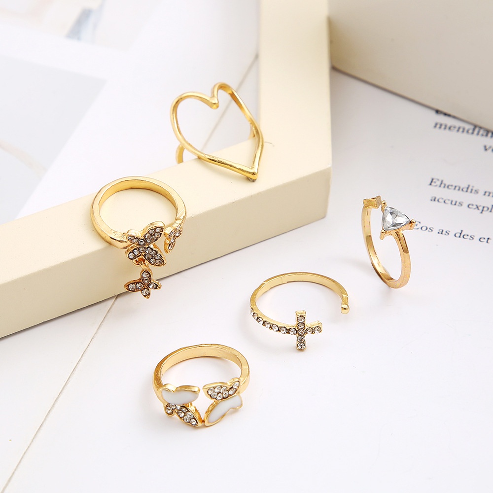 5pcs / Set Cincin Bentuk Kupu-Kupu Geometris Aksen Kristal Berlian Untuk Wanita Butterfly