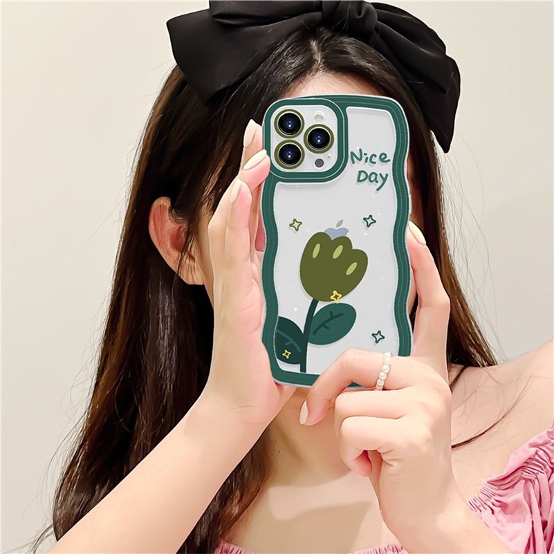 Soft Case Silikon Transparan Motif Bunga Hijau Untuk iPhone 14 13 12 11 Pro Max X Xr Xs Max 8 7 6 6s Plus