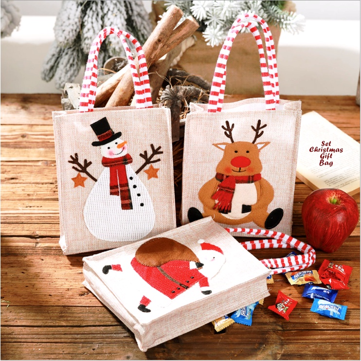 

SET ISI 3 MOTIF Christmas GIFT BAG Tas Natal Bahan Linen Tebal Dekorasi Natal Christmas Decoration