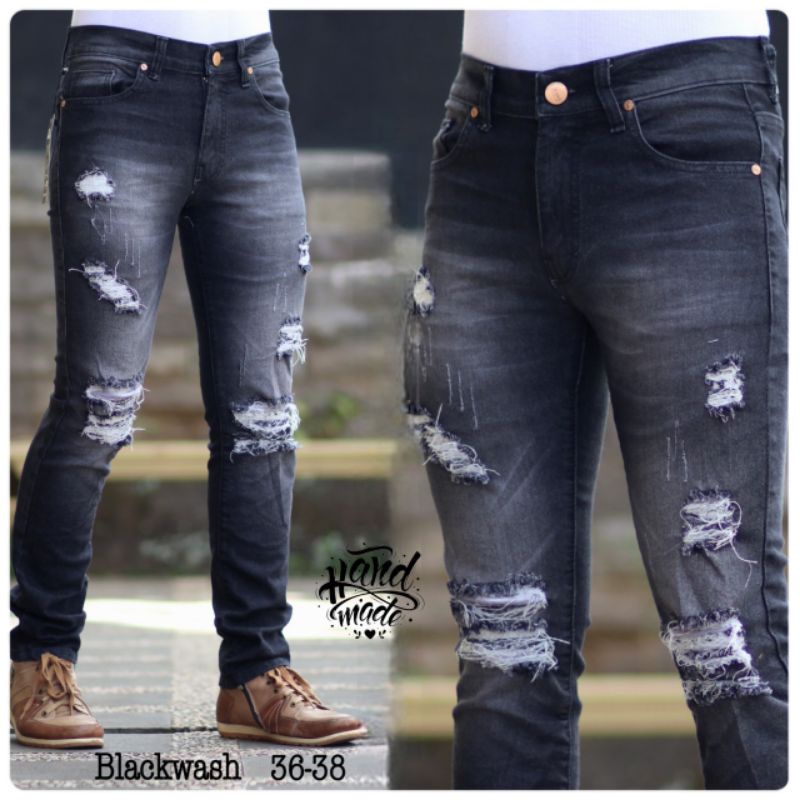 CELANA JEANS PRIA  BIKER JUMBO SOBEK TIDAK TEMBUS RIPPED ORIGINAL HANDAMDE MURAH