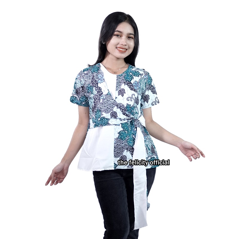 felicitybatik - Blouse Berpita Batik Lengan Pendek Wanita Batik Kombinasi Modern Simple Pita Hijau