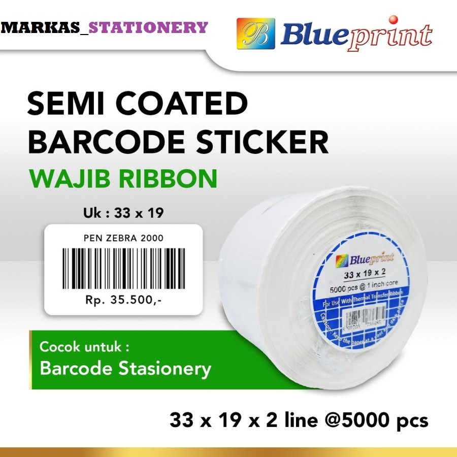 

Sticker label Barcode 33x19mm 2 Line Semi Coated BLUEPRINT isi 5000Pcs