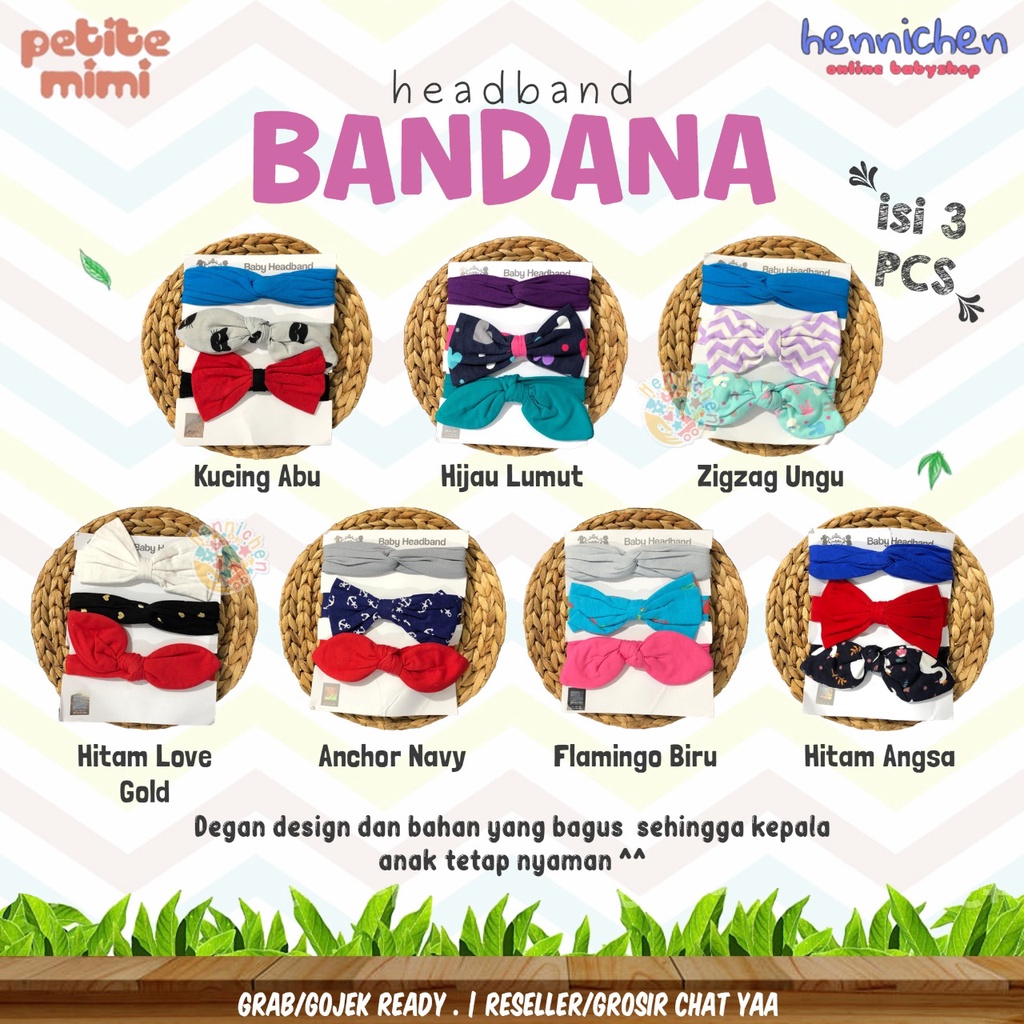 HEADBAND BANDANA PETITE MIMI ( ISI 3 PCS ) PREMIUM !! (0-12 bulan) SNI