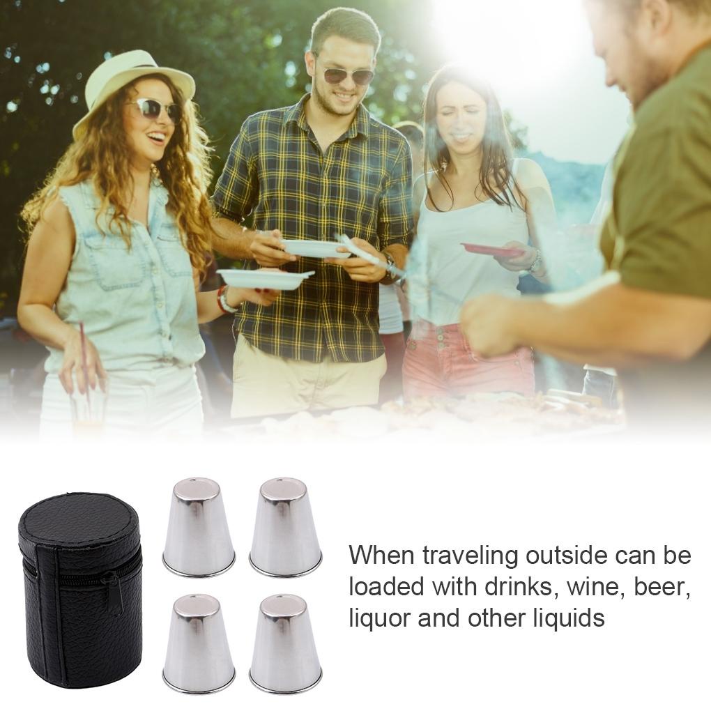 4pcs Gelas Ukur Bahan Stainless Steel 30ml Wadah Metal Dengan Tas Penyimpanan