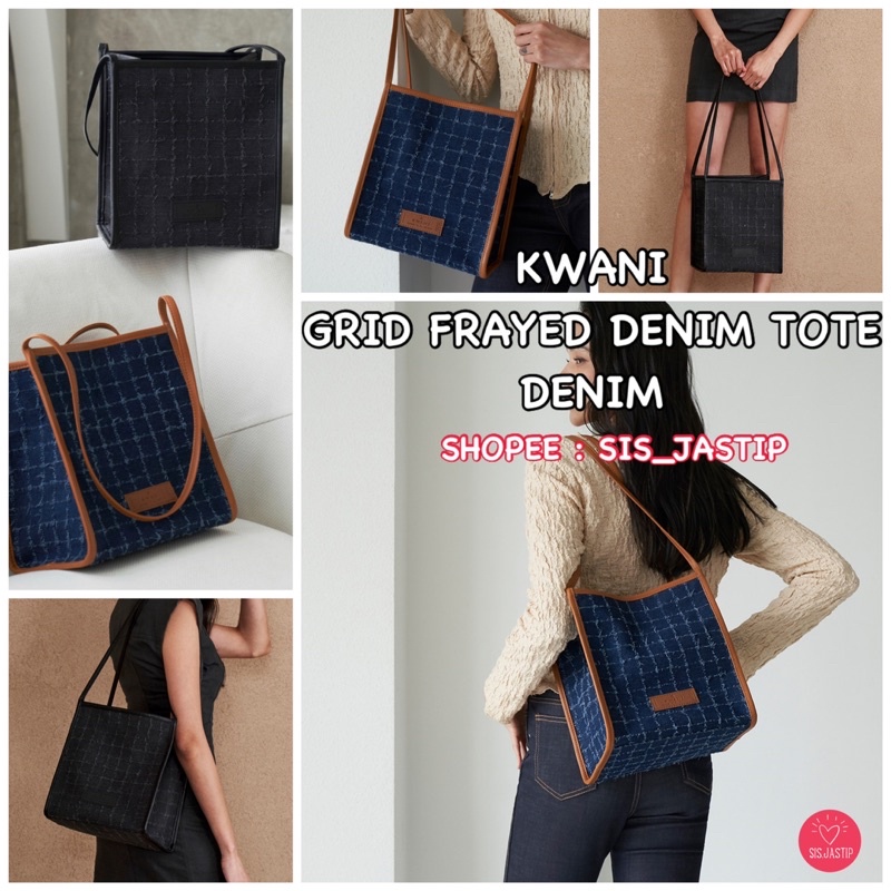 KWANI GRID FRAYED DENIM TOTE ( tanya stock sblm transaksi )