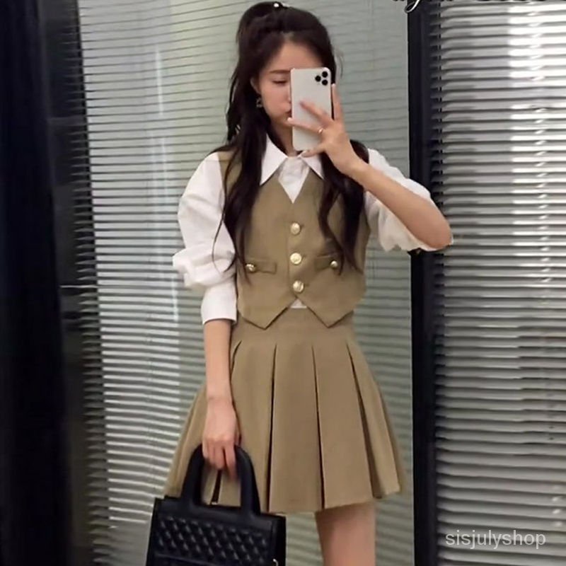 #Sisjuly# Rok lipit rompi wanita mengatur versi Korea baru dari seratus kemeja tiga set