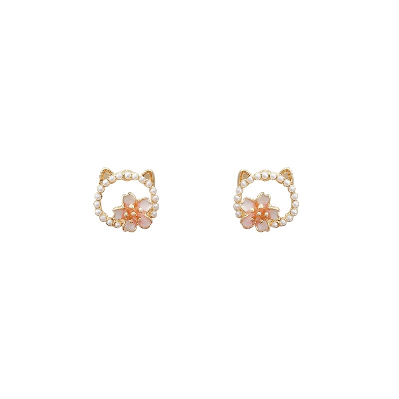 Anting Tusuk Motif Kucing / Bunga Lucu Bahan Sterling silver 925 Hias Mutiara Imitasi Untuk Wanita