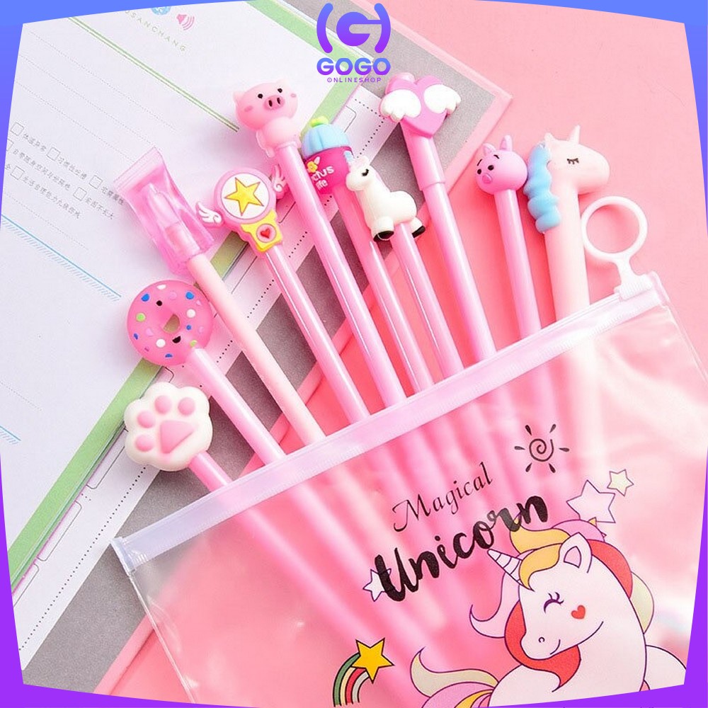 GOGO-A15 Pulpen Gel Karakter Lucu Set Isi 20PCS Pena FREE Zipper Pouch Tempat Pensil Transparan Murah