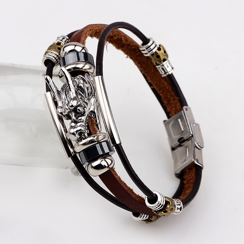 [Z H Perhiasan] Hip Hop Rock Retro Pria Fashion Stainless Steel Kulit Berbentuk Naga Gelang Pesta Perhiasan Aksesoris