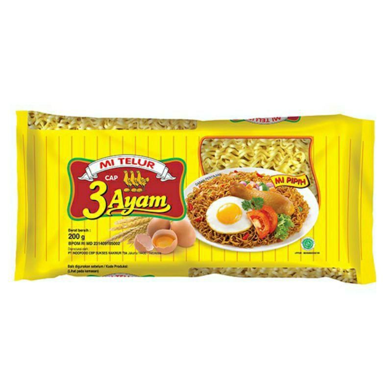 

Mie Telur / Mi Telur Cap 3 Ayam 200gr (SATUAN)