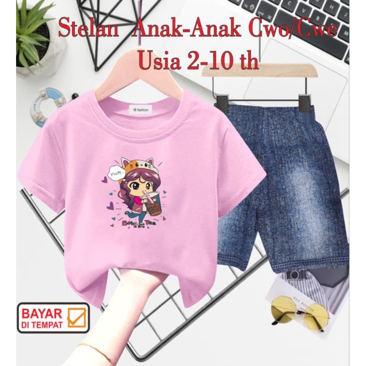 ((IB))SETELAN ANAK PEREMPUAN SEMI JEANS/CEWEK BOBA POP ICE DIGITAL SABLON