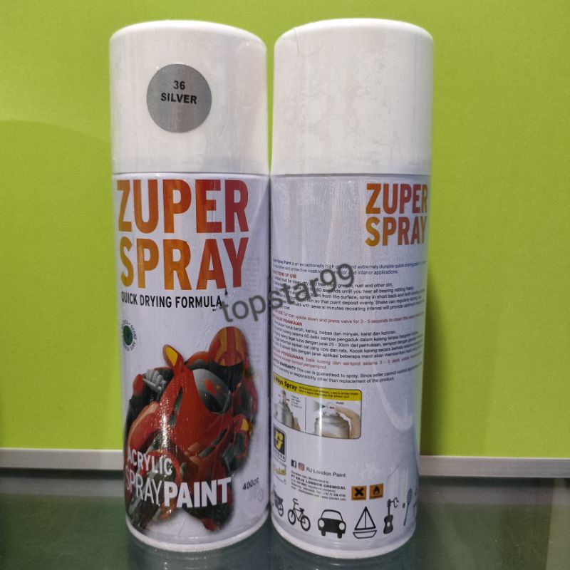 ZUPER Spray Paint Pilox Pilok Zuper Silver Glossy Perak 36 400cc Cat Semprot Zuper Acrylic Ukuran Besar 400 cc Quick Drying Formula /Cepat Kering