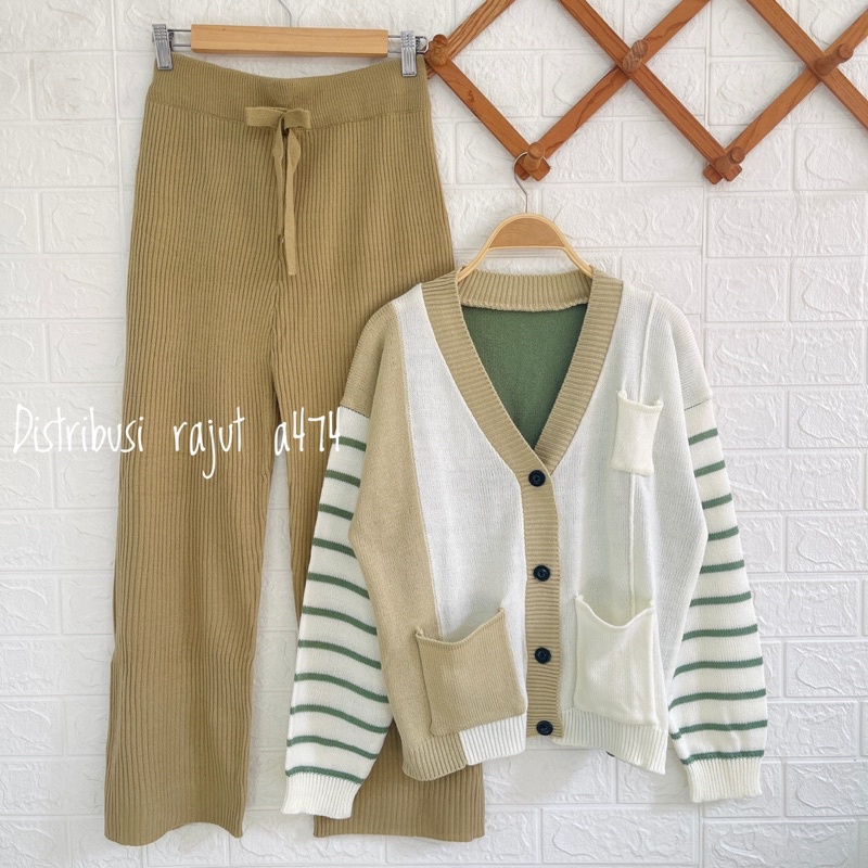 ONESET REGINA CARDIGAN RAJUT MOTIF STIPES SETELAN KULOT WANITA