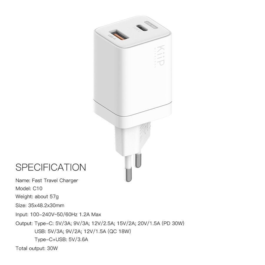 KiiP C10 Adapter Fast Charger Travel 30W USB + Type C - Mini Dual Output - Garansi Resmi 1 Tahun