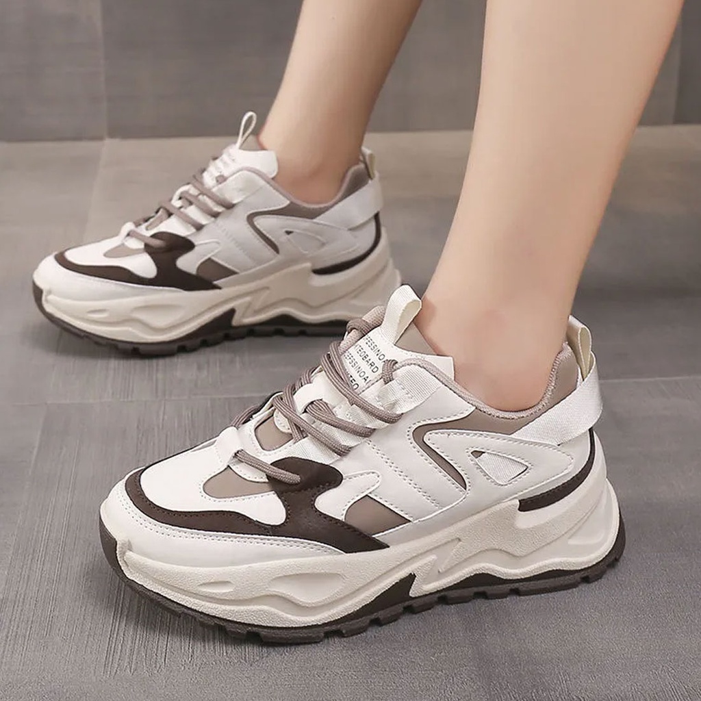 Patchwork Sepatu Sneakers Wanita Sport Shoes Korea Trend Casual Platform Running Sneaker Black/Khaki