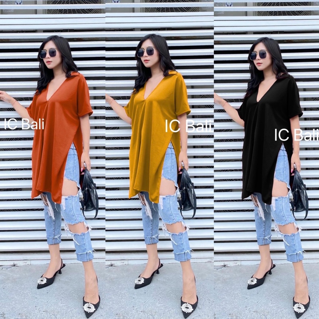 GLOSIR LONG SQUARE V NECK TOP ATASAN BLOUSE WANITA AIRFLOW KRINGKLE