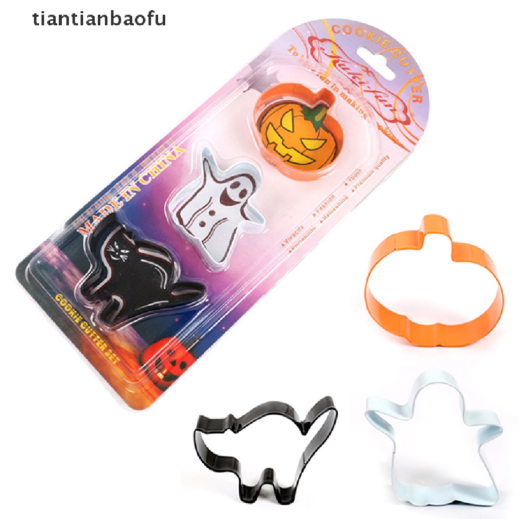 3 Pcs Cetakan Pemotong Kue Kering Biskuit Fondant Bentuk Labu Kucing Hantu Halloween