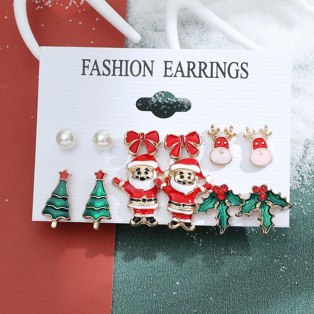 Mxbeauty Anting Tusuk Natal Untuk Anak Perempuan 6pasang/set Sederhana Elk Santa Claus Pohon Natal Snowman Kartun Bell Wanita Drop Earrings