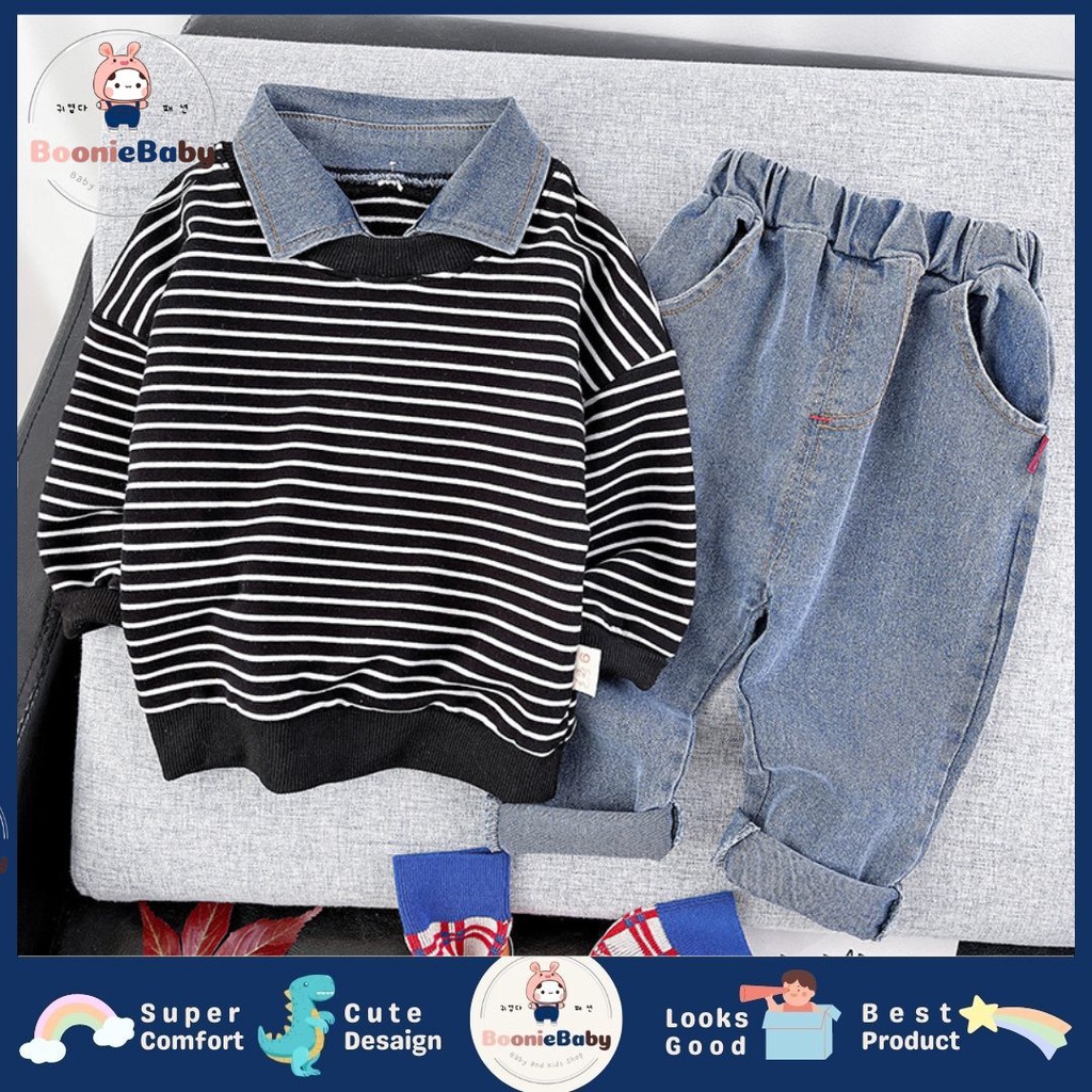 boonie COD setelan anak laki laki import setelan 3pcs kaos motif garis kemeja celana panjang anak laki laki fashion import by korea setelan baju cowok import baju kids pria fashion JEANS EDWARD