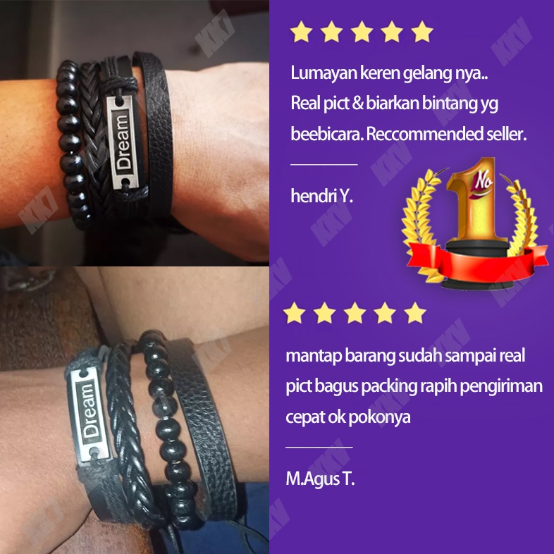 Dream Gelang Pria Wanita 4-Piece Set Kulit Sapi Paduan Tali Dikepang Manik-Manik Disesuaikan Gelang Hadiah