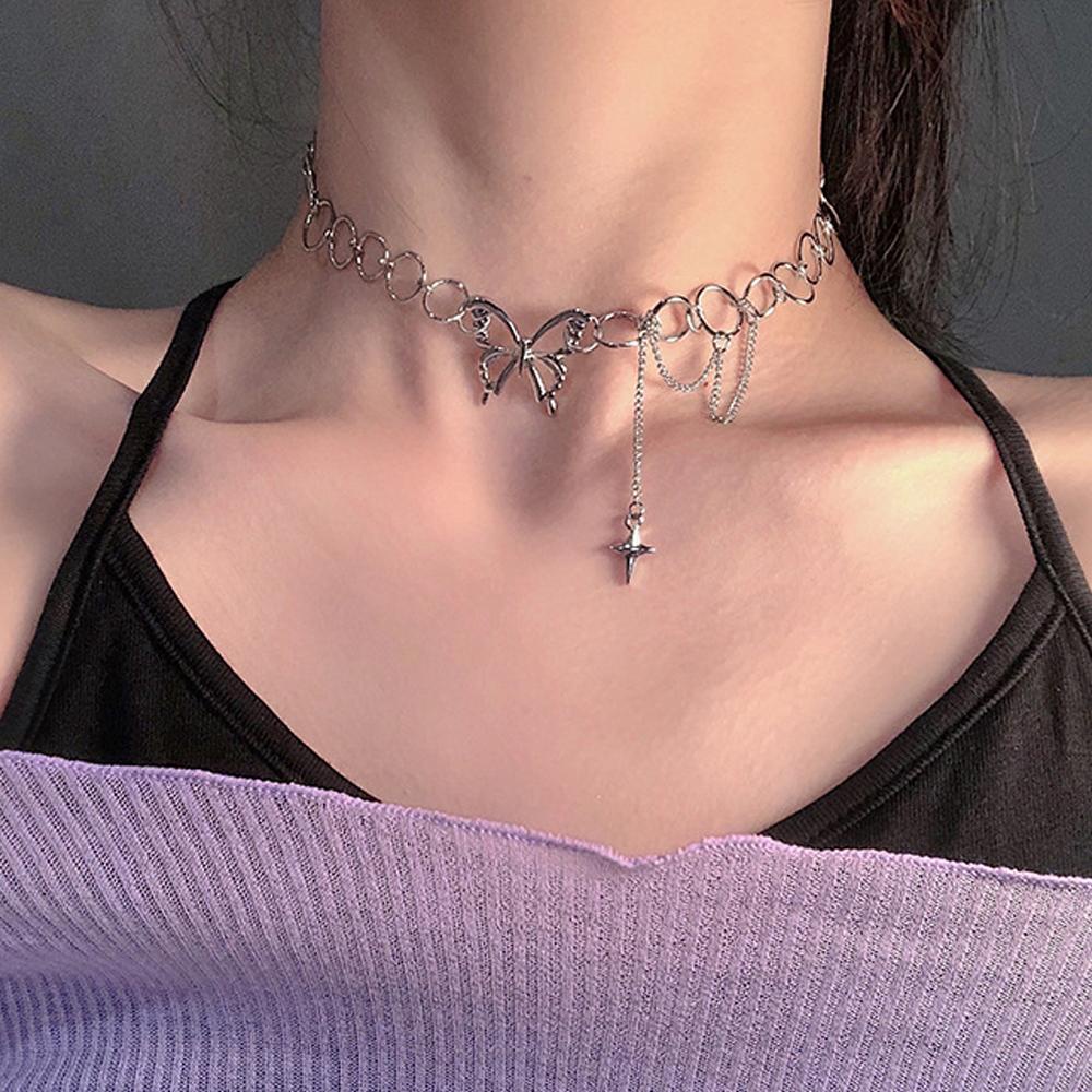 Mxbeauty Kalung Rantai Kupu-Kupu Gadis Baru Bintang Salib Multi Layer Personaility Hollow