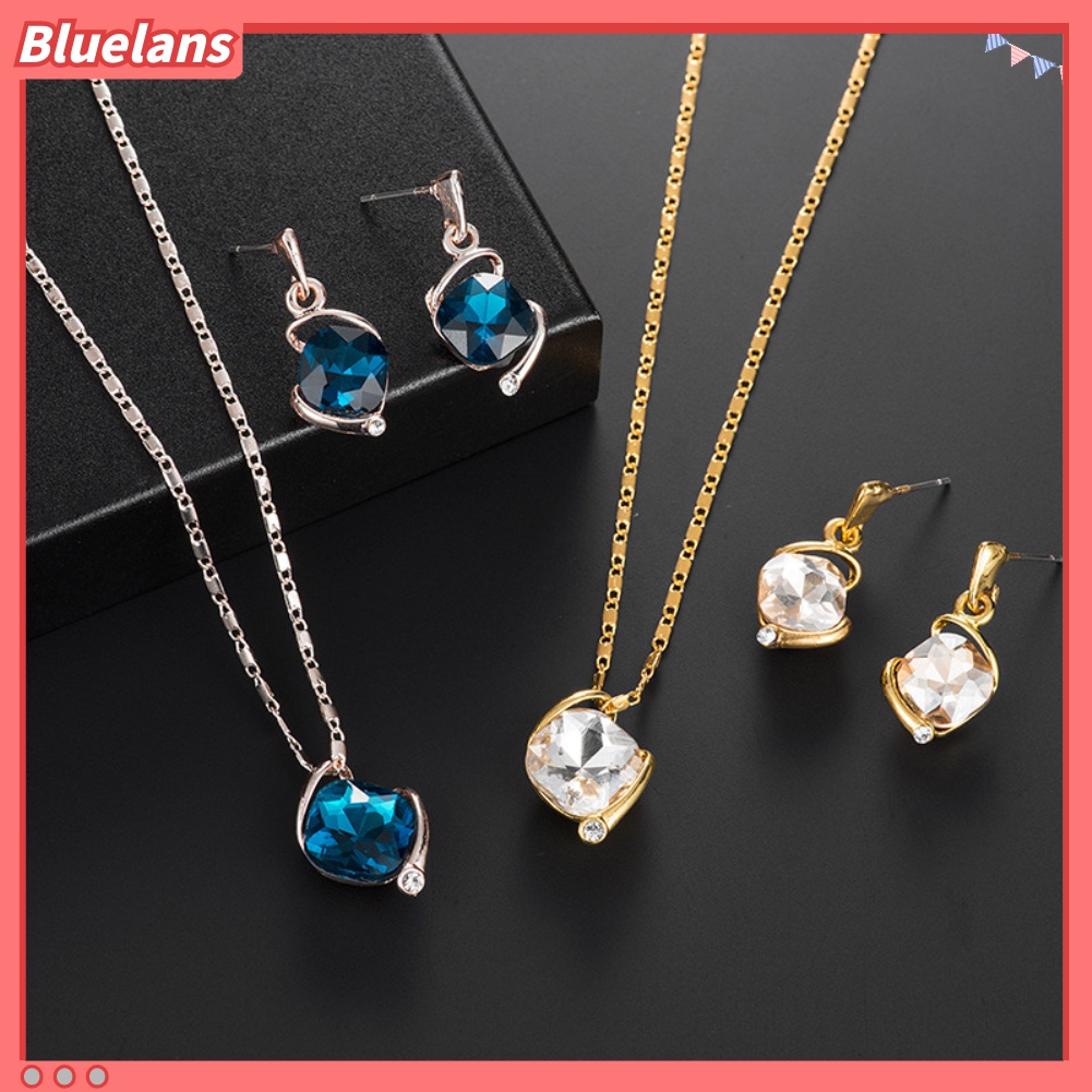 Set Kalung Anting Stud Liontin Berlian Imitasi Bentuk Persegi Untuk Wanita