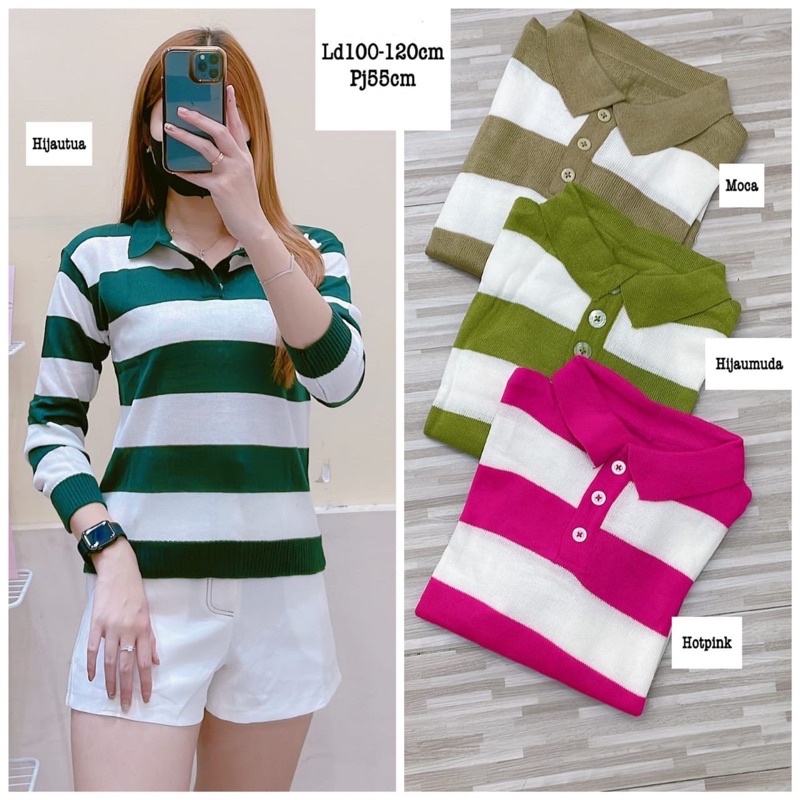 ATASAN RAJUT KERAH POLO KANCING / KNIT TOP / POLO KNIT STRIPE