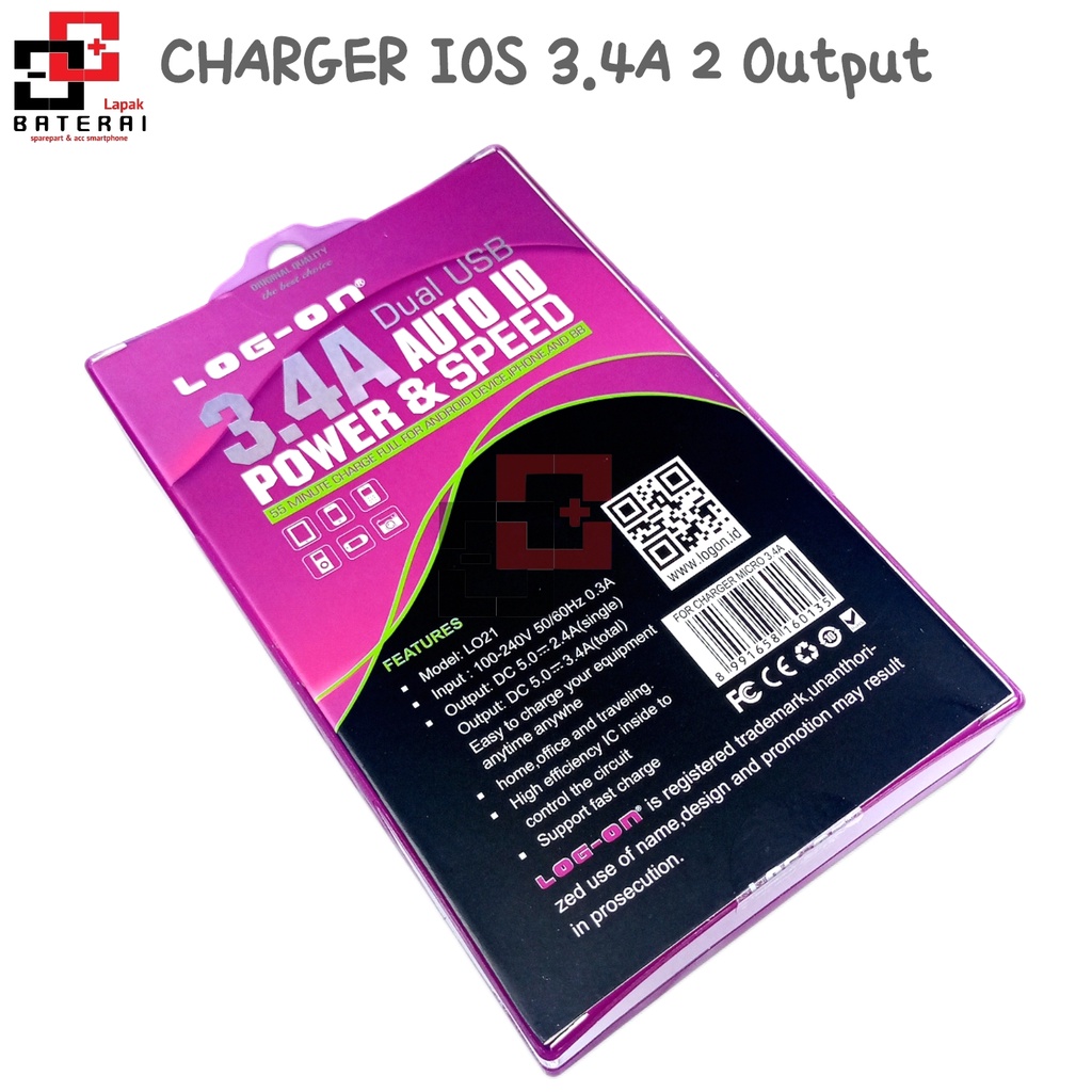 LOG - ON L-021 Charger Iphone Ios 3.4A 2 OutPut | Casan Iphone Lightning Fast Charging | Fast Charger