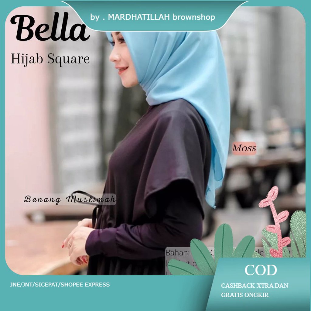 kerudung jilbab segi empat BELLA SQUARE polos bahan double hycon ( pollycotton ) premium jahit tepi 