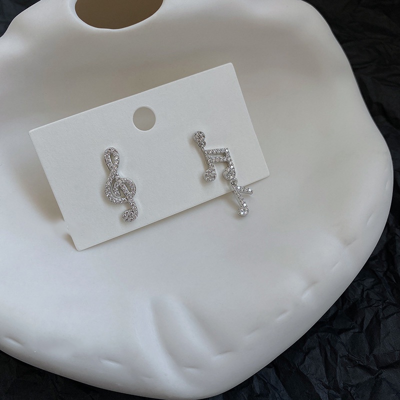 Anting Tusuk Gantung Asimetris Bahan Sterling silver 925 Desain Not Musik + Berlian + Rumbai Gaya Korea Untuk Wanita