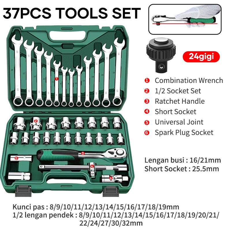 ISKU Kunci Shock Set 37pcs/Full Lengkap Socket Toolkit 37pcs Termasuk Kunci Pas Ring Set 12pcs Dan 21pcs Mata Shock