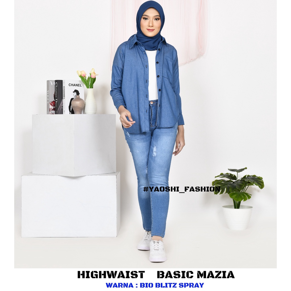 YAOSHI -CELANA PANJANG DENIM/JEANS PINGGANG TINGGI WANITA - Highwaist Denim Mazia Ripped - Bahan  Super Good Quality SIZE 31-34