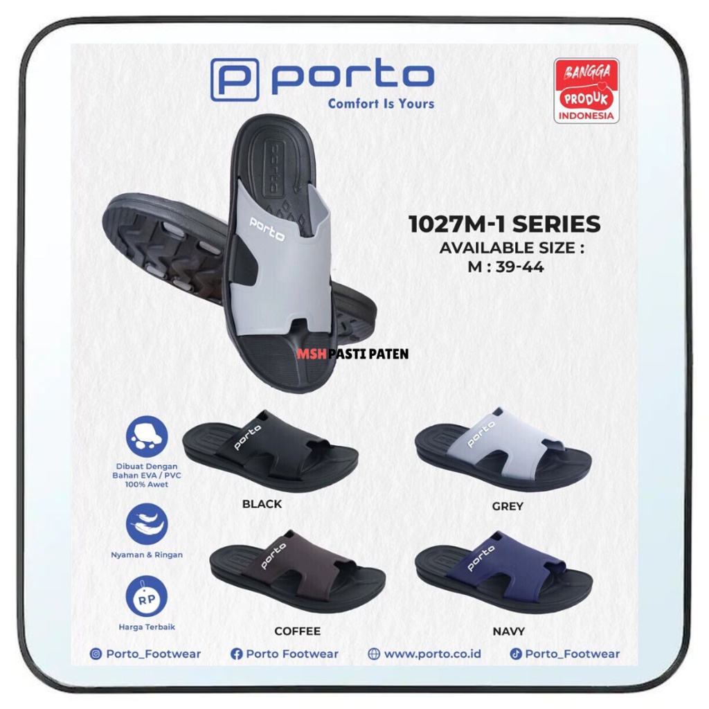 PORTO Sandal slop pria bahan karet tahan air anti slip original size 39-44