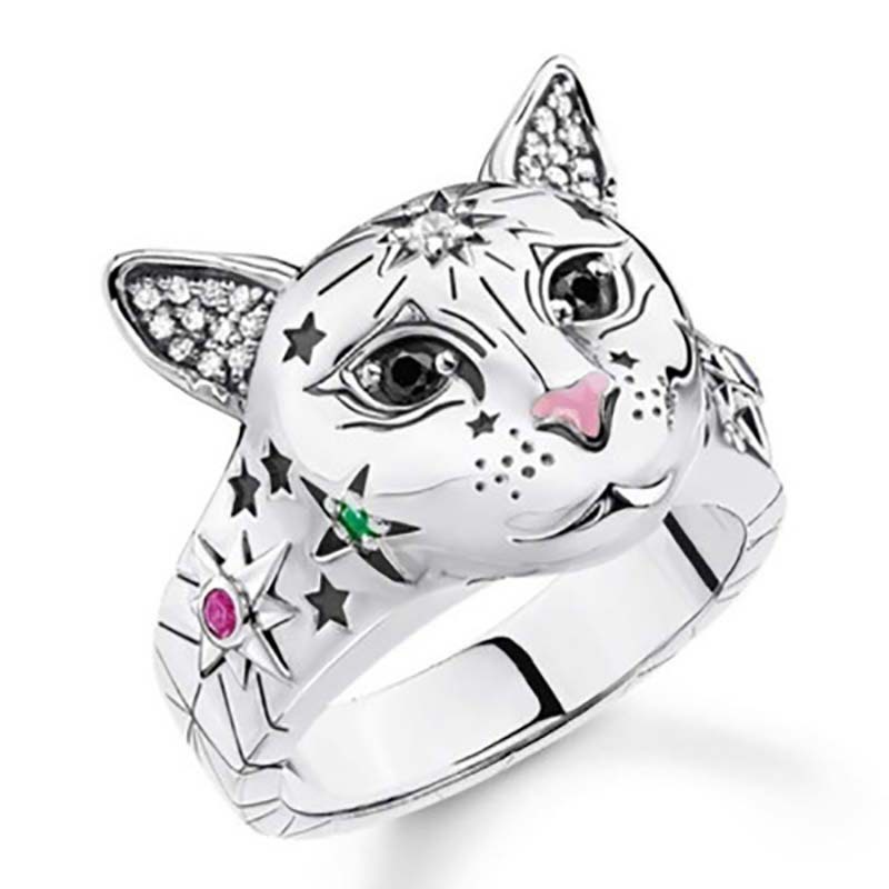 Cincin Motif Kepala Kucing Grafiti Untuk Wanita