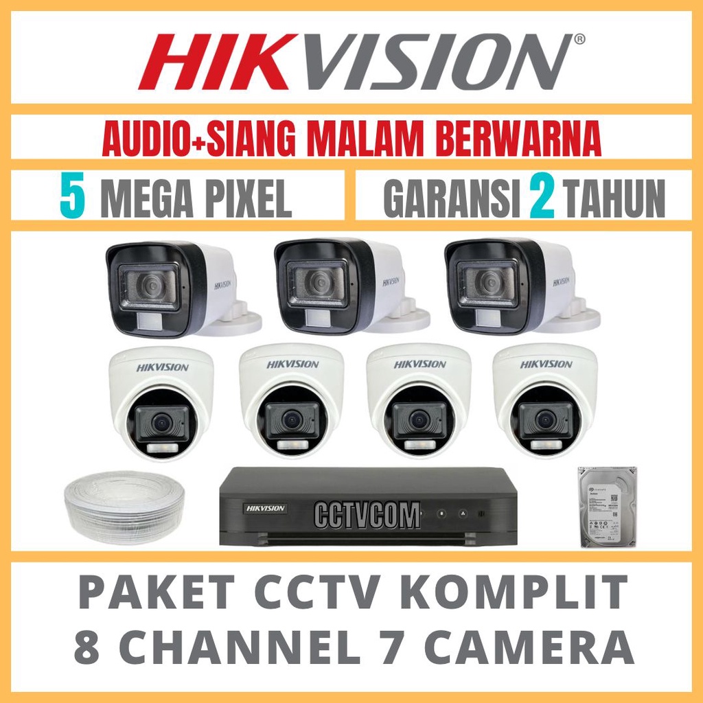 PAKET CCTV HIKVISION COLORVU 5MP 8 CHANNEL 7 CAMERA TURBO HD COLORFULL