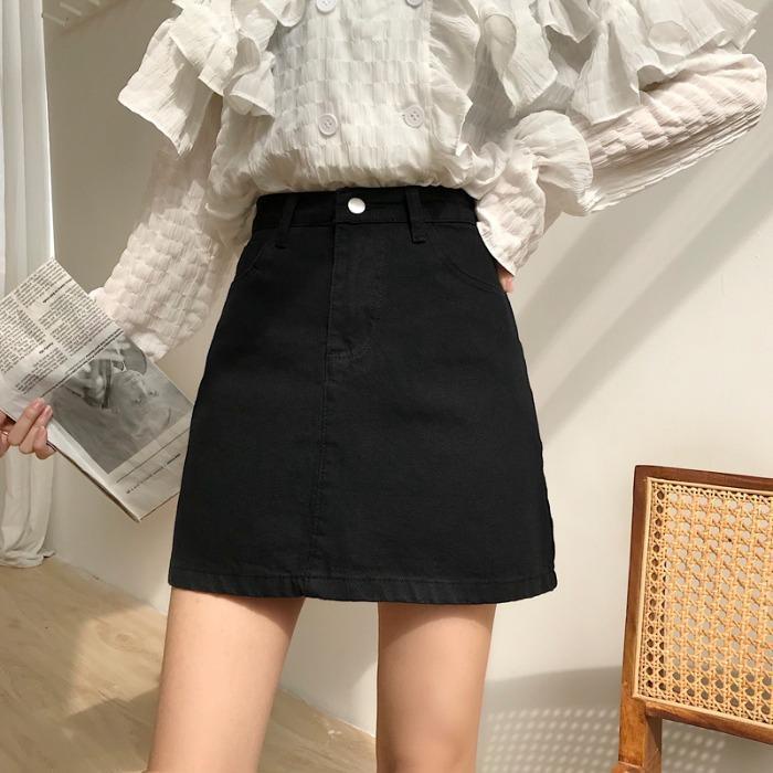 Rok Denim Hitam Rok High Waist Wanita Tipe Korea A-Line Rok Jean Rok Pendek