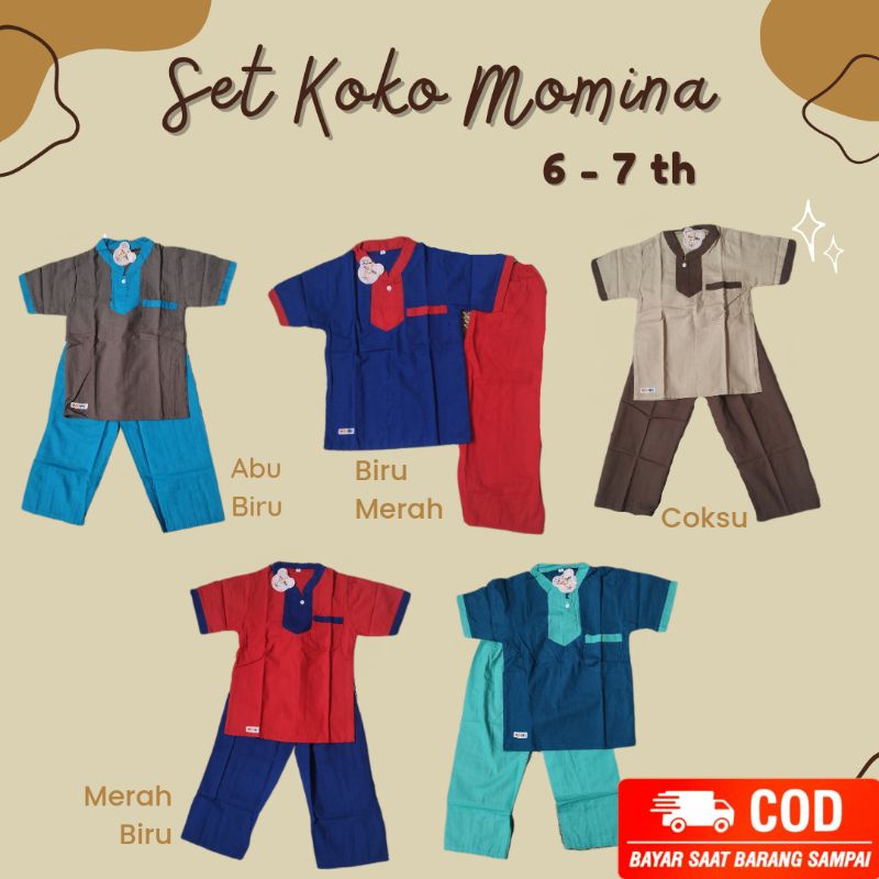 MOMINA BAJU KOKO LENGAN PENDEK SET CELANA BAHAN KATUN CIGGARET AZZAM BAJU MUSLIM ANAK LAKI-LAKI USIA