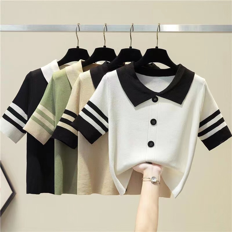 2022 Baru Fragrant Kecil Baru Kolar POLO Perancis Retro Stripe Ice Silk Pullover T-Shirt Tidur pendek