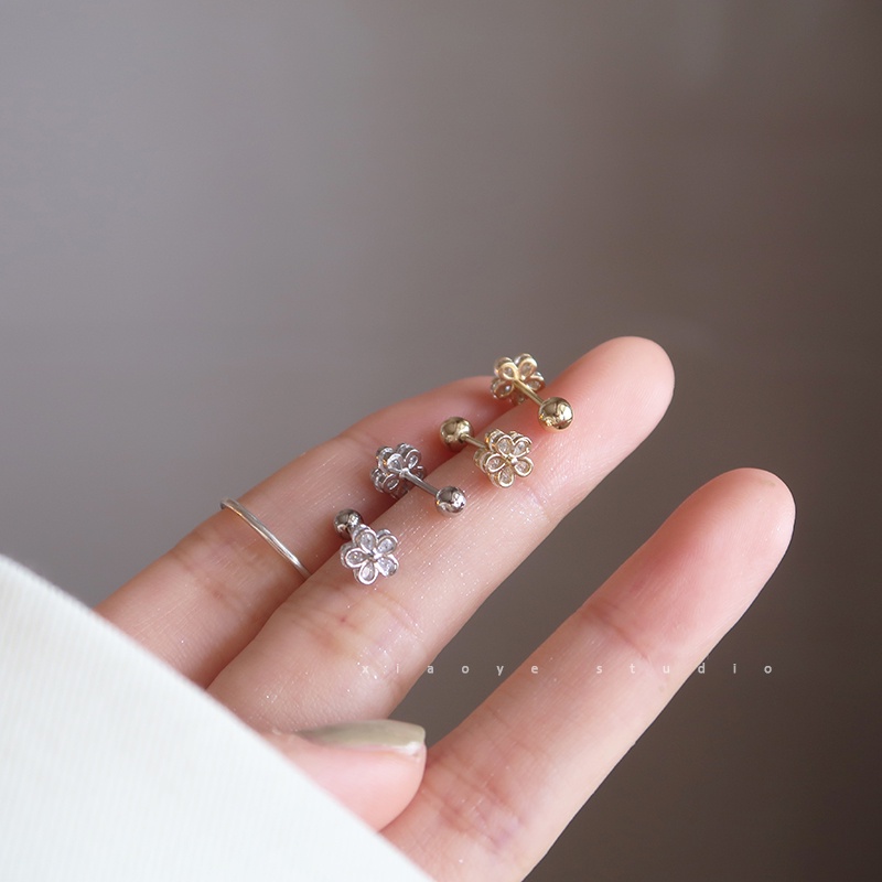 Anting Stud S925 Silver Bentuk Kelopak Bunga Aksen Kristal Untuk Wanita