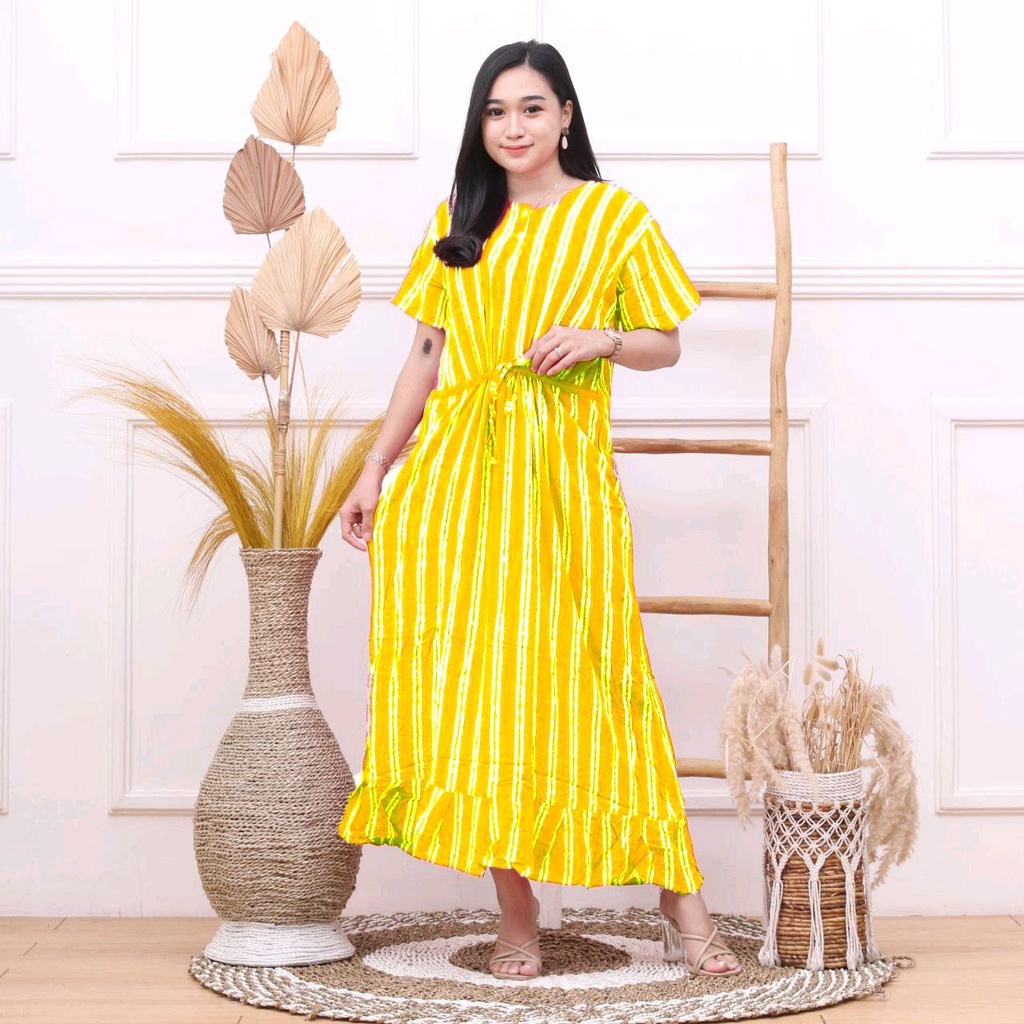 Salur Dress Wanita Rayon Premium Daster Kekinian Lengan Pendek Motif Stripe Ruffle LD 110 cm