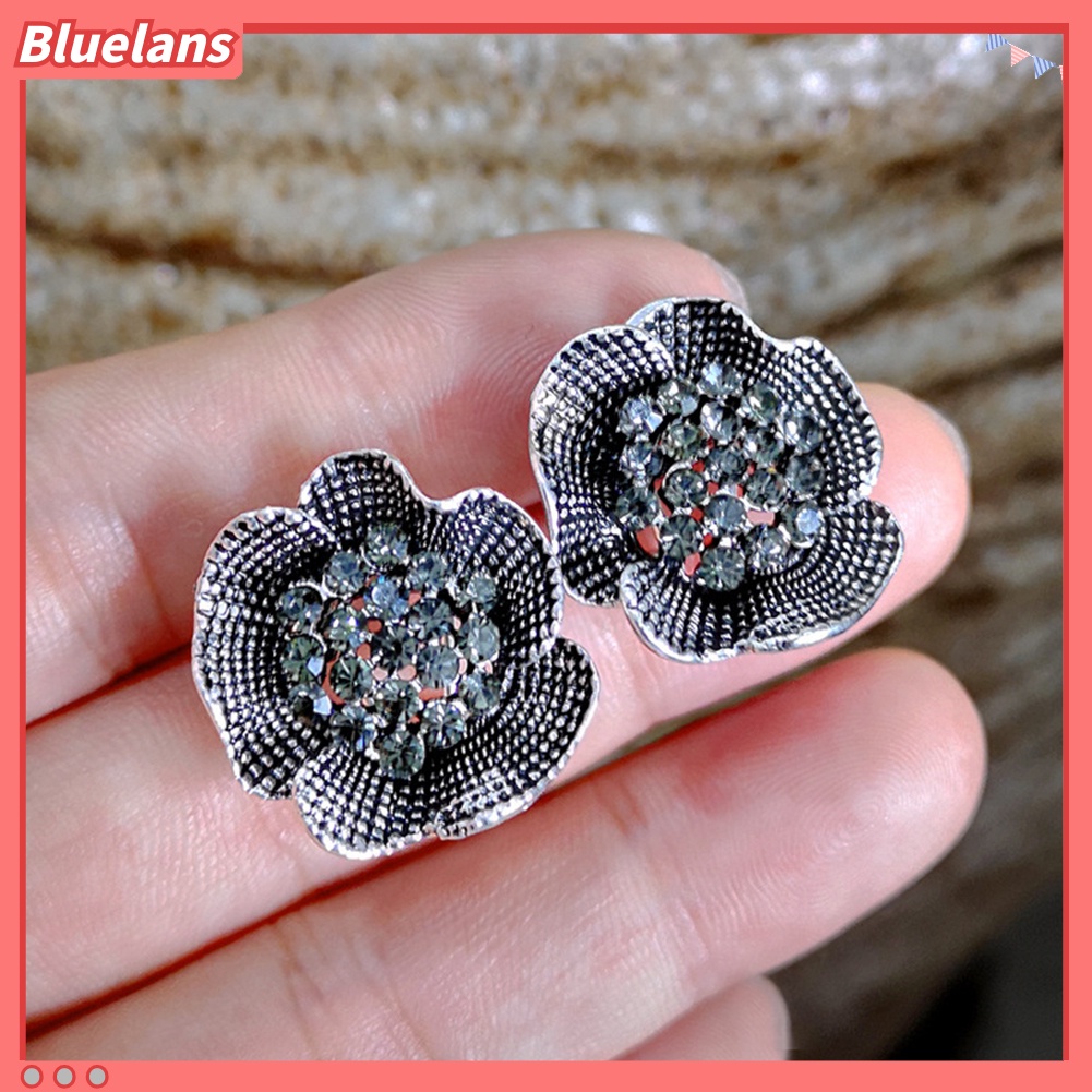 Bluelans Vintage Women Rhinestone Inlaid Rose Flower Shape Stud Earrings Jewelry Gift