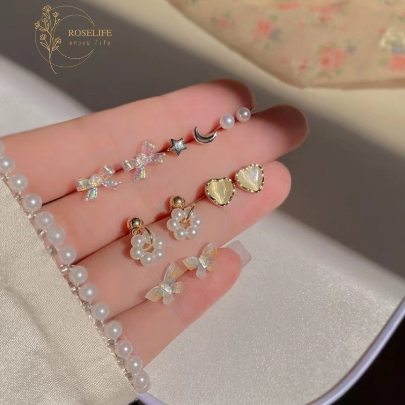 Roselife 12pcs / Set Anting Tusuk Silver S925 Gaya Korea Motif Kupu-Kupu / Bulan / Bintang / Bunga / Mutiara Untuk Wanita