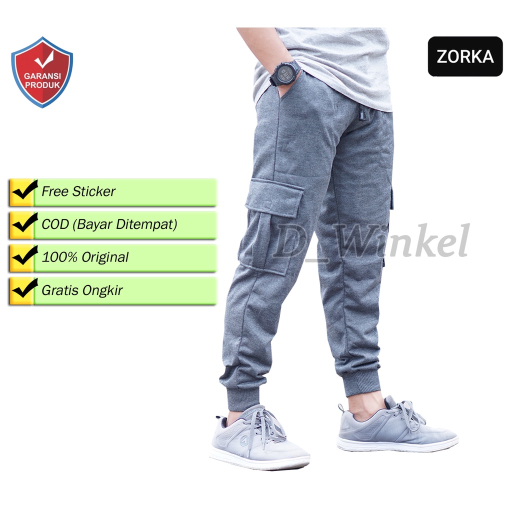 Celana Panjang Slimfit Jogger Cargo Pria Pocket Samping Pinggang Rib dan Bertali Warna Abu Tua