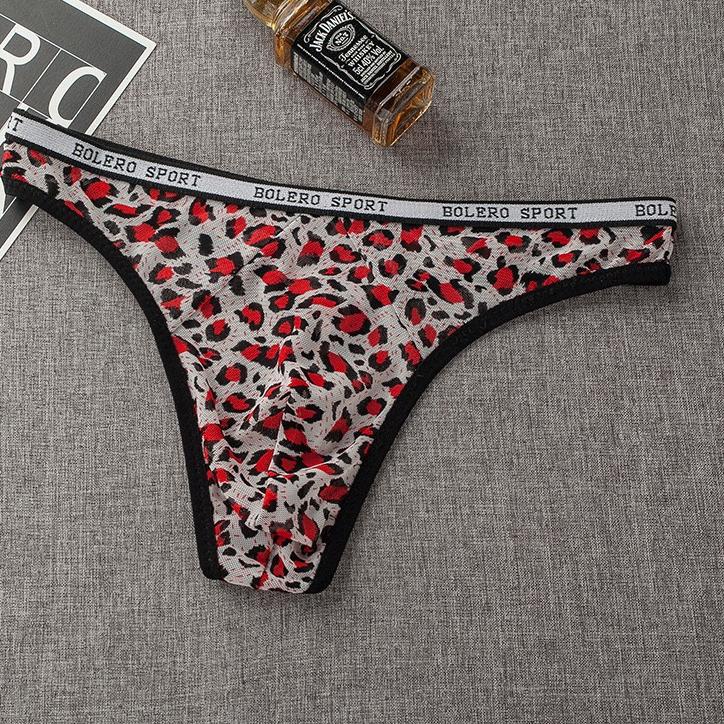 Terpercaya G String Pria Seksi Low Waist Transparan Mesh Celana Dalam Pria Leopard Pola U Segitiga T