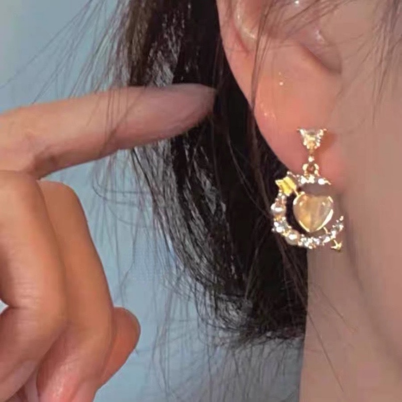 Anting Tusuk Gantung Hias Batu Opal Bentuk Hati Hias Zircon Untuk Wanita