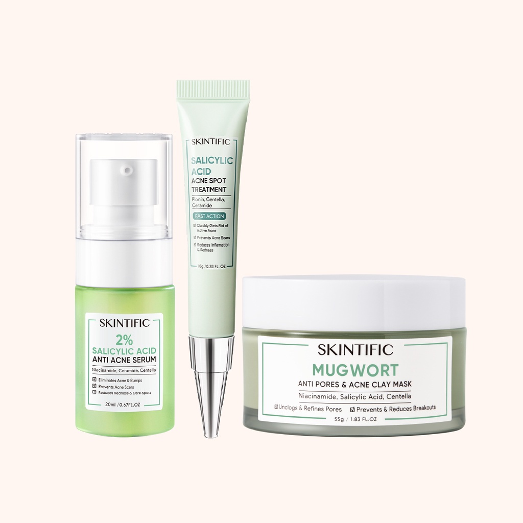 SKINTIFIC Acne Powerful Set 3pcs | Salicylic Acid Acne Spot Treatment Gel 10g Totol Jerawat + 2% Salicylic Acid Anti Acne Serum 20ml + Mugwort Anti Pores &amp; Acne Clay Mask 55g Masker Wajah