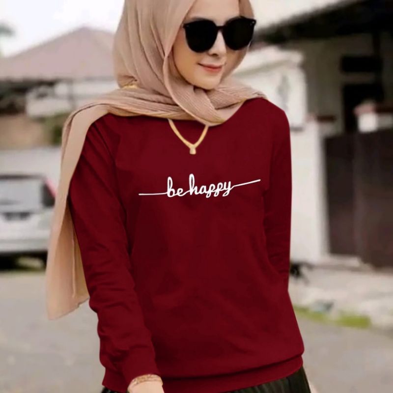 Baju Lengan Panjang wanita BE HAPPY Kaos Distro Keren Baju kekinian/bahan adem