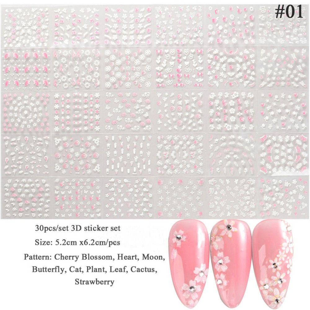 Mxbeauty Nail Art Stiker Set Lucu Perekat Diri 30 Pcs Hati 3D Kupu-Kupu Pernikahan Foil Desain Campur Bunga Kuku Decals